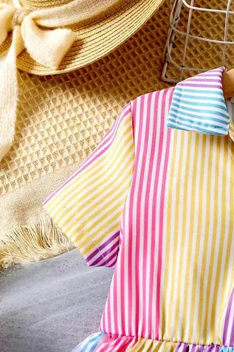 Multicolor striped printed cotton shirt collar fit & flare kids dress