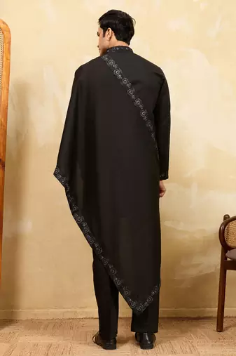 Black viscose silk thread & sequence embroidered work kurta with dupatta