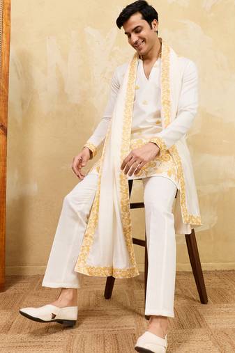 White viscose silk thread & sequence embroidered work kurta with dupatta