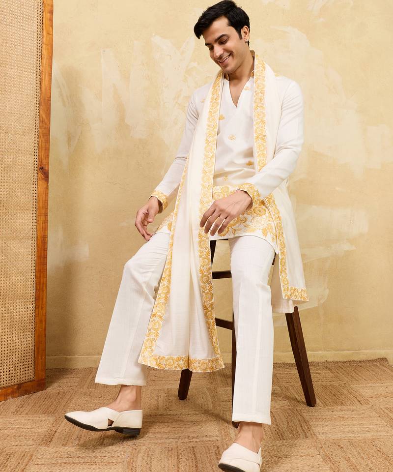 White viscose silk thread & sequence embroidered work kurta with dupatta