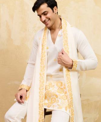 White viscose silk thread & sequence embroidered work kurta with dupatta 2