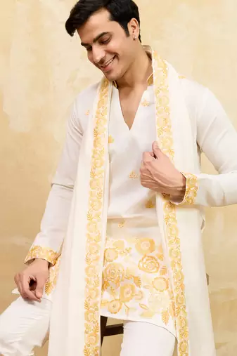 White viscose silk thread & sequence embroidered work kurta with dupatta