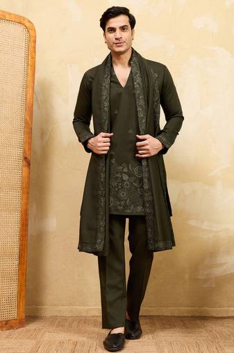 Green viscose silk thread & sequence embroidered work kurta with dupatta