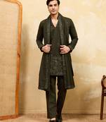 Green viscose silk thread & sequence embroidered work kurta with dupatta