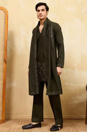Green viscose silk thread & sequence embroidered work kurta with dupatta