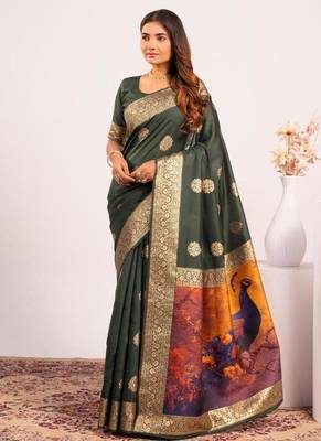 Bottle green silk blend resham weaves sarees 1
