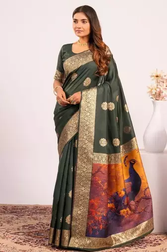 Bottle green color silk blend resham weaves sarees