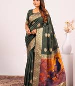 Bottle green color silk blend resham weaves sarees