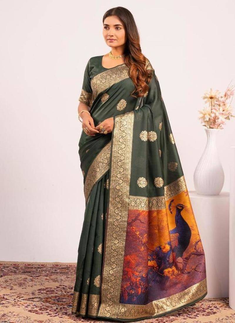 Bottle green color silk blend resham weaves sarees