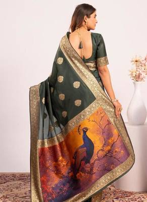 Bottle green silk blend resham weaves sarees 2