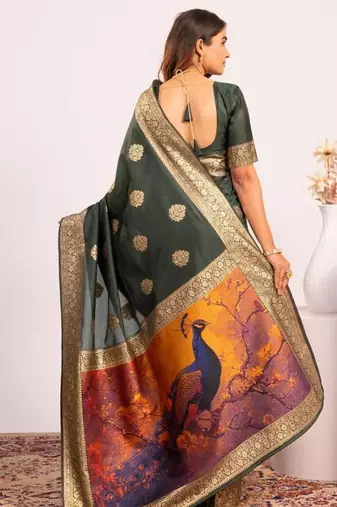 Bottle green color silk blend resham weaves sarees