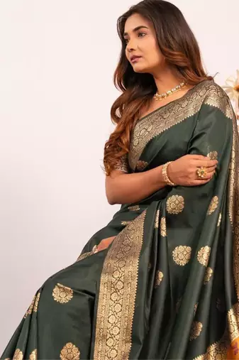 Bottle green color silk blend resham weaves sarees