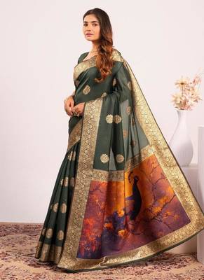 Bottle green silk blend resham weaves sarees 4