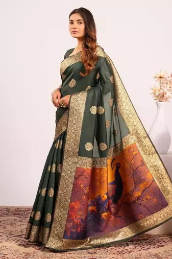 Bottle green color silk blend resham weaves sarees