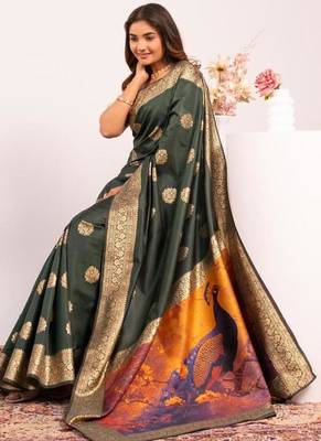 Bottle green silk blend resham weaves sarees 5