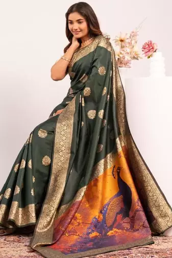 Bottle green color silk blend resham weaves sarees
