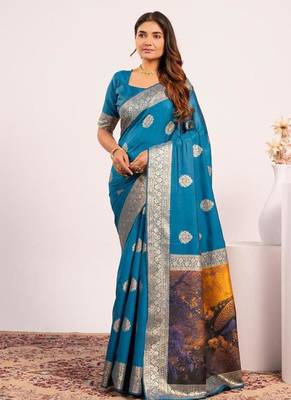 Firozi color silk blend resham weaves sarees 1