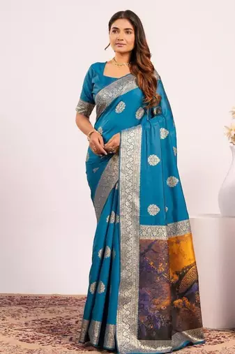 Firozi color silk blend resham weaves sarees