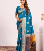 Firozi color silk blend resham weaves sarees