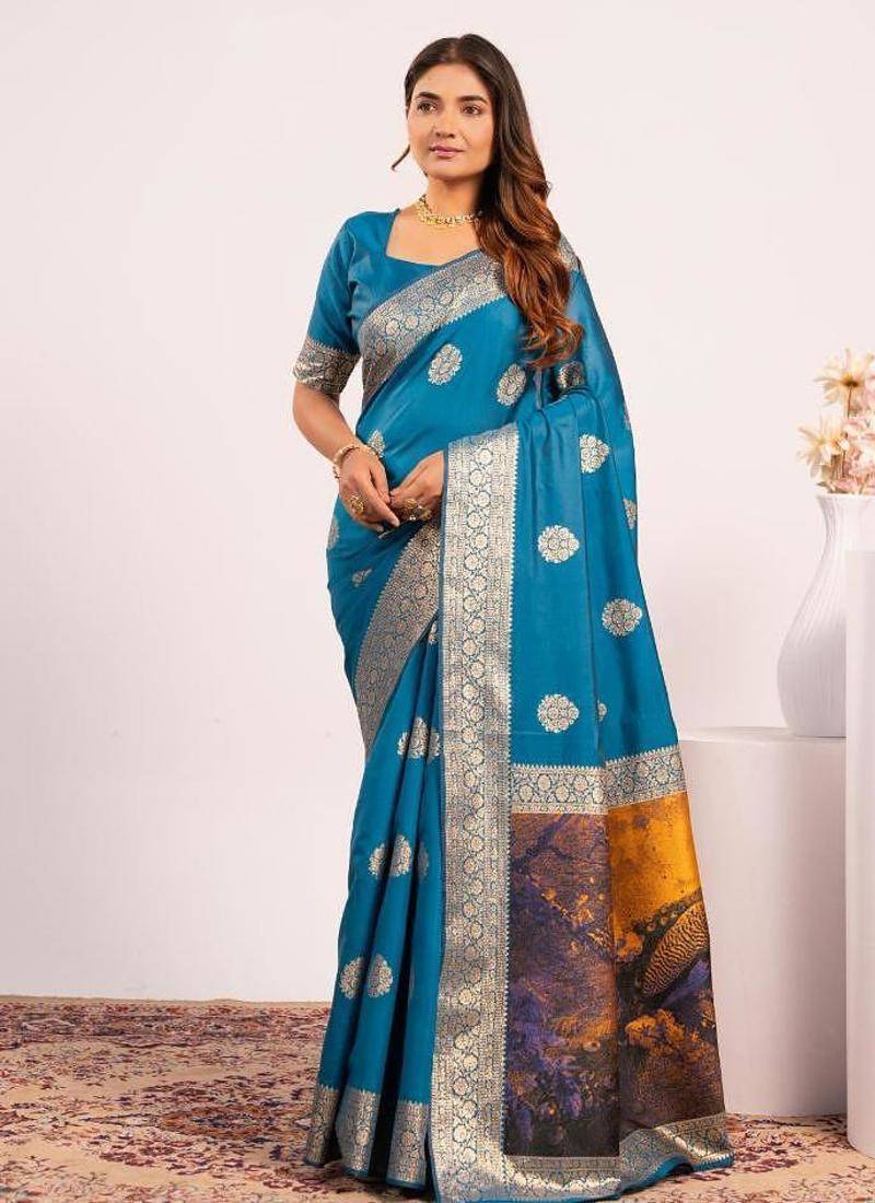 Firozi color silk blend resham weaves sarees