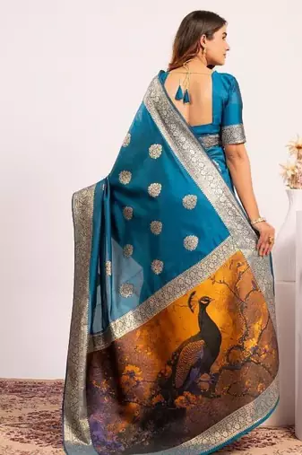 Firozi color silk blend resham weaves sarees