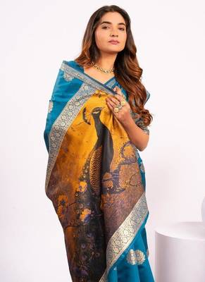 Firozi color silk blend resham weaves sarees 3