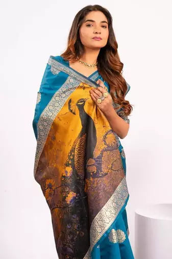 Firozi color silk blend resham weaves sarees