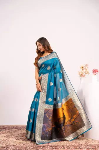 Firozi color silk blend resham weaves sarees