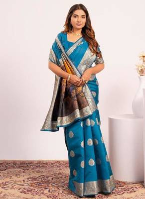 Firozi color silk blend resham weaves sarees 5