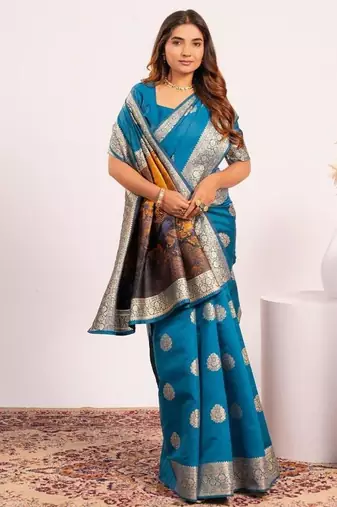 Firozi color silk blend resham weaves sarees