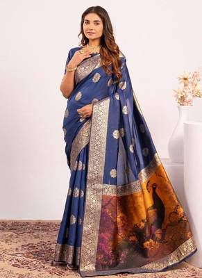 Navy blue color silk blend resham weaves sarees 1