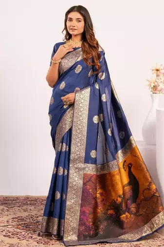 Navy blue color silk blend resham weaves sarees