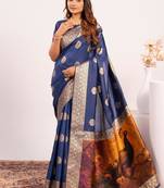 Navy blue color silk blend resham weaves sarees