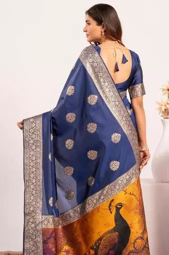 Navy blue color silk blend resham weaves sarees