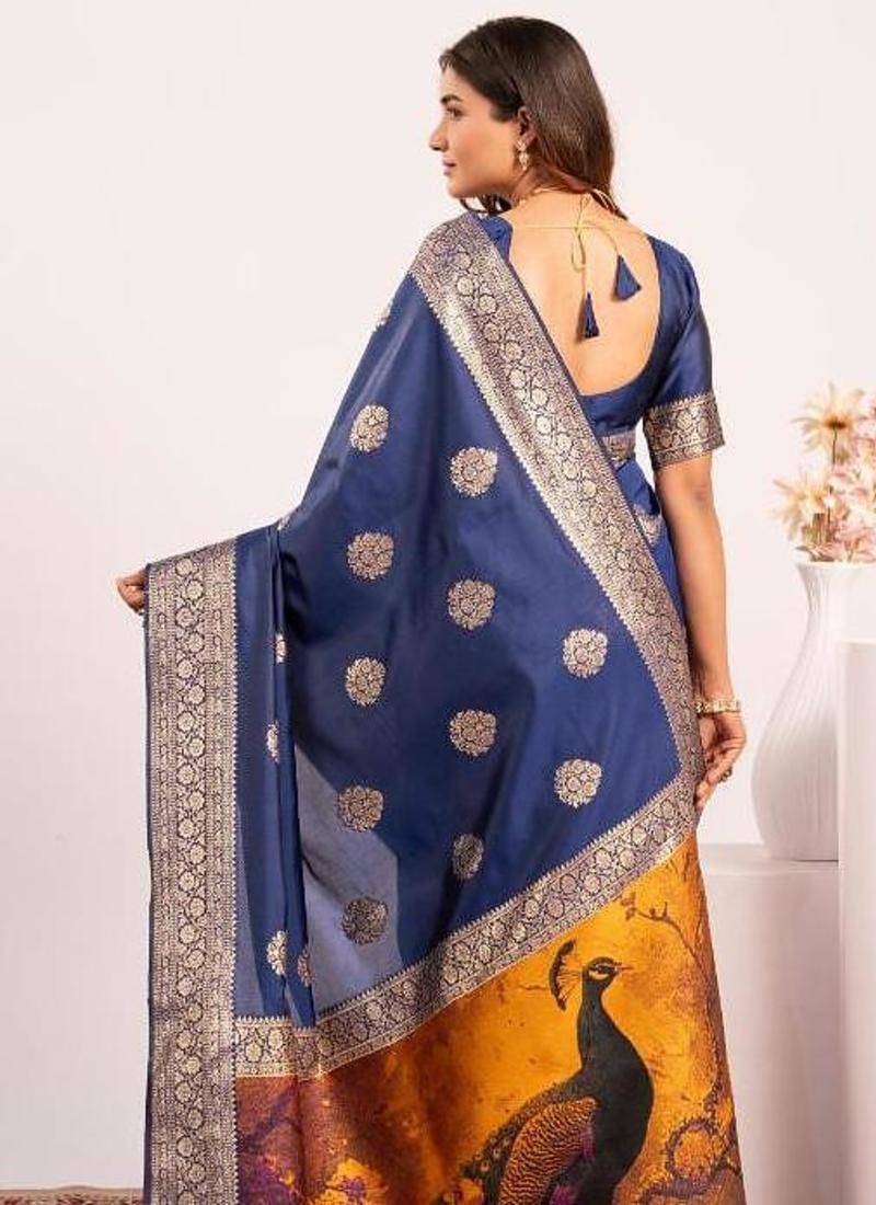 Navy blue color silk blend resham weaves sarees