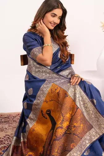 Navy blue color silk blend resham weaves sarees