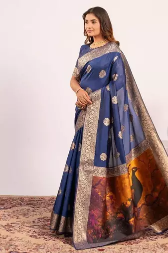 Navy blue color silk blend resham weaves sarees