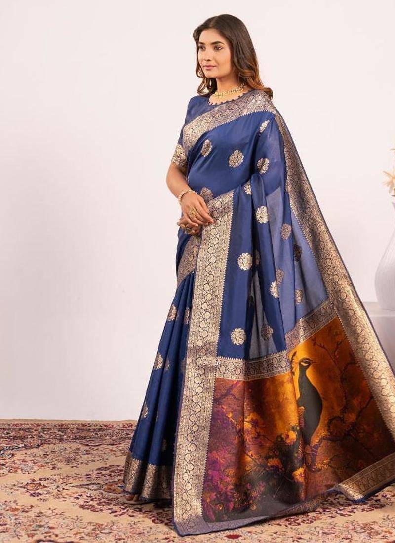 Navy blue color silk blend resham weaves sarees