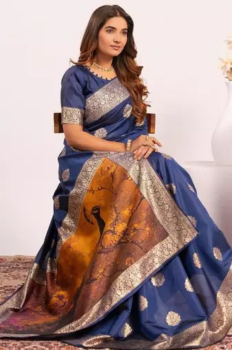 Navy blue color silk blend resham weaves sarees