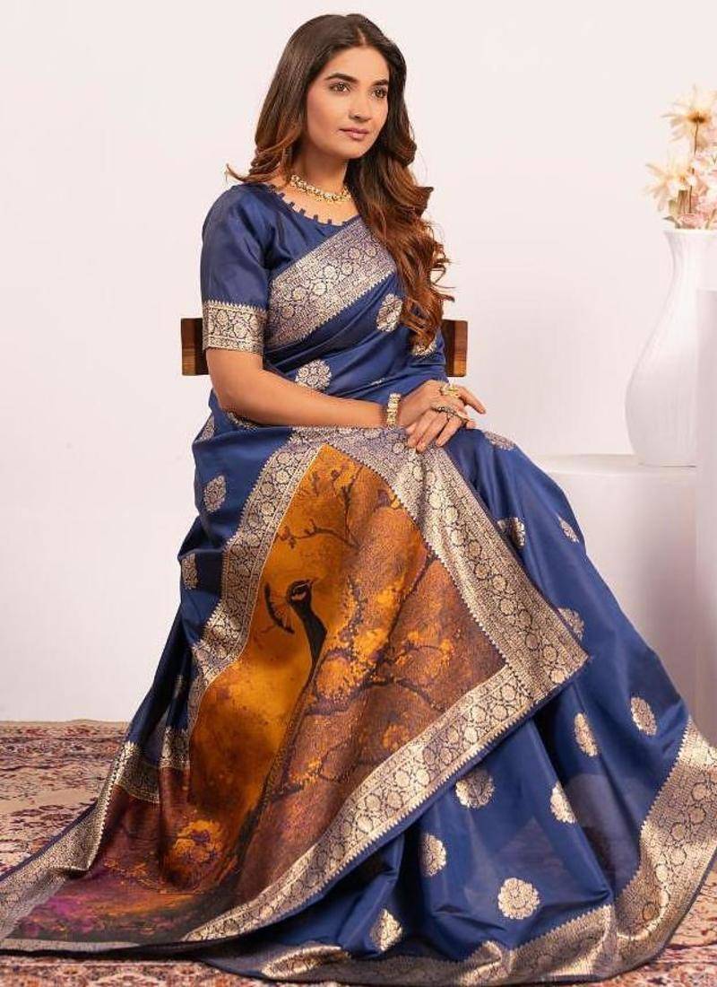 Navy blue color silk blend resham weaves sarees