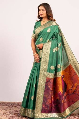 Perrot green color silk blend resham weaves sarees