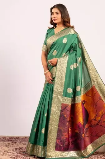 Perrot green color silk blend resham weaves sarees