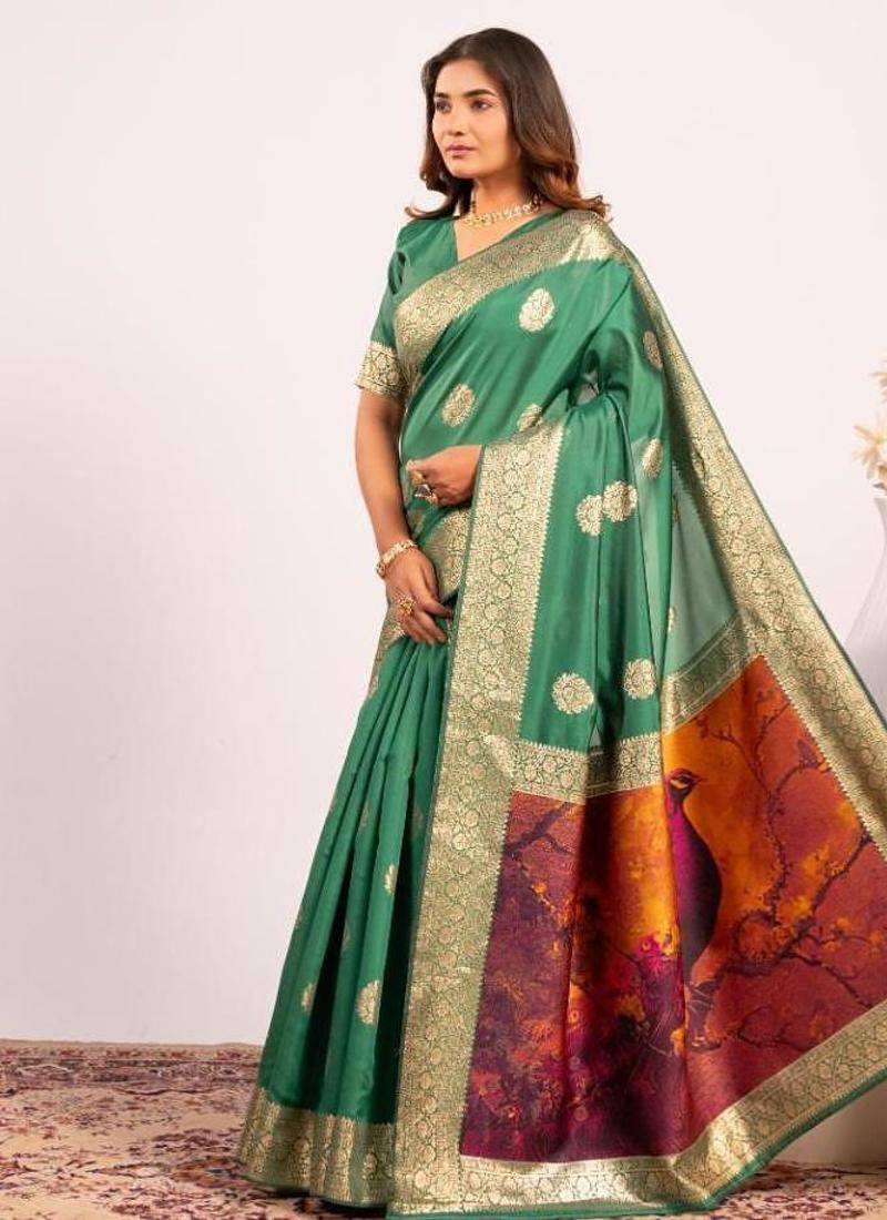 Perrot green color silk blend resham weaves sarees