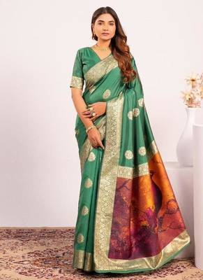 Perrot green color silk blend resham weaves sarees 2