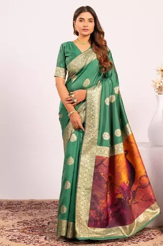 Perrot green color silk blend resham weaves sarees