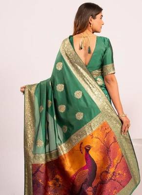 Perrot green color silk blend resham weaves sarees 3