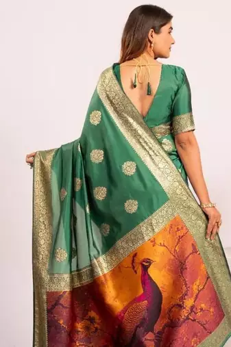 Perrot green color silk blend resham weaves sarees