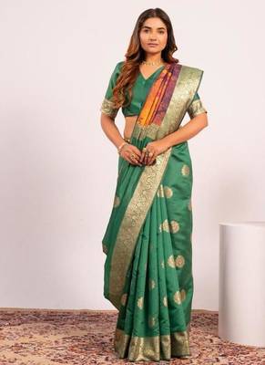 Perrot green color silk blend resham weaves sarees 4