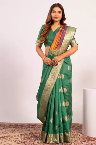 Perrot green color silk blend resham weaves sarees