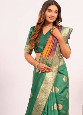 Perrot green color silk blend resham weaves sarees 5